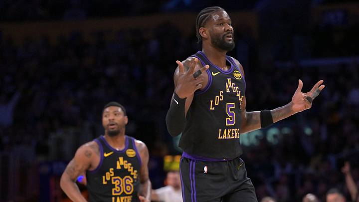 Apr 21, 2026; Los Angeles, California, USA; Los Angeles Lakers center Deandre Ayton (5) reacts on the court after a three-point basket by guard Marcus Smart (36) in the first half of game two of the first round of the 2026 NBA Playoffs against the Houston Rockets at Crypto.com Arena. Mandatory Credit: Jayne Kamin-Oncea-Imagn Images Apr 21, 2026; Los Angeles, California, USA; Los Angeles Lakers center Deandre Ayton (5) reacts on the court after a three-point basket by guard Marcus Smart (36) in the first half of game two of the first round of the 2026 NBA Playoffs against the Houston Rockets at Crypto.com Arena. Mandatory Credit: Jayne Kamin-Oncea-Imagn Images