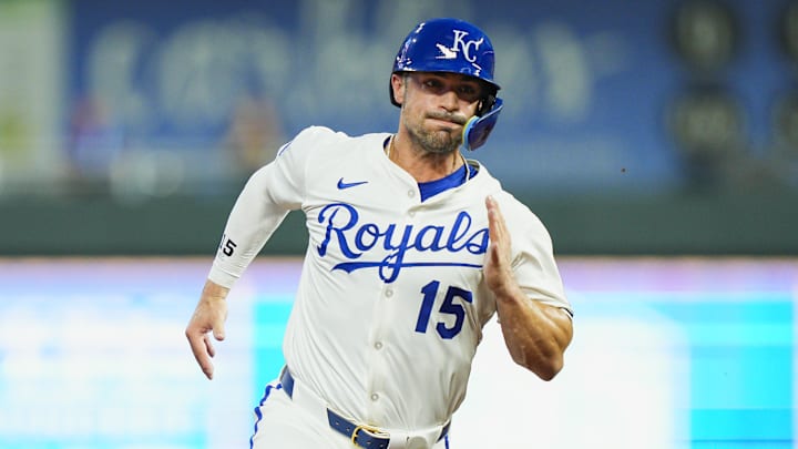Jul 29, 2025; Kansas City, Missouri, USA; Kansas City Royals right fielder Randal Grichuk (15) runs to third base during the sixth inning against the Atlanta Braves at Kauffman Stadium. Mandatory Credit: Jay Biggerstaff-Imagn Images