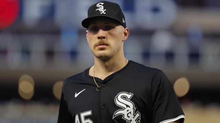 Apr 24, 2024; Minneapolis, Minnesota, USA; Chicago White Sox starting pitcher Garrett Crochet (45) leaves the field after throwing to the Minnesota Twins in the fifth inning at Target Field
