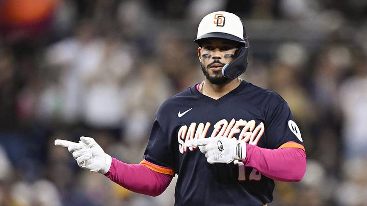 Apr 10, 2026; San Diego, California, USA; San Diego Padres catcher Luis Campusano (12) gestures after hitting a double during the third inning against the Colorado Rockies at Petco Park. Mandatory Credit: Denis Poroy-Imagn Images