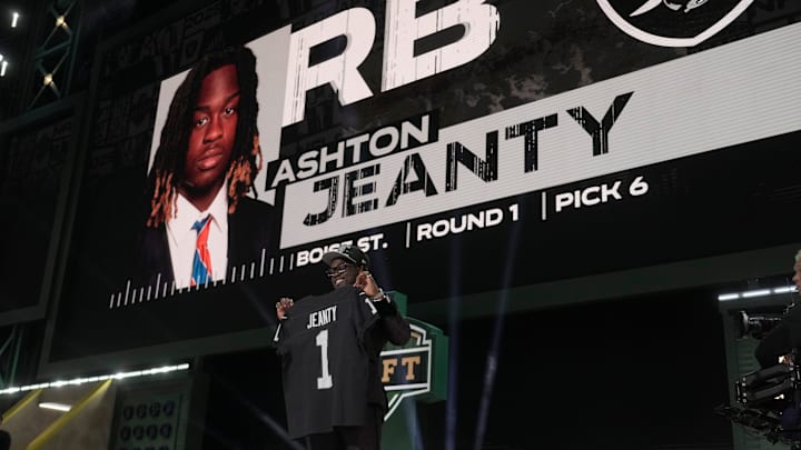 Boise State Broncos running back Ashton Jeanty is selected by the Las Vegas Raiders as the number six pick in the first round of the 2025 NFL Draft at Lambeau Field. Boise State Broncos running back Ashton Jeanty is selected by the Las Vegas Raiders as the number six pick in the first round of the 2025 NFL Draft at Lambeau Field.