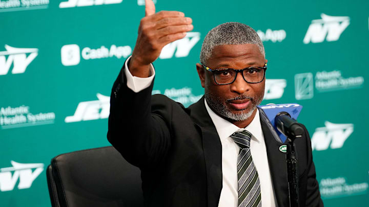 New York Jets Head Coach Aaron Glenn, is shown as he speaks during a press conference, at the Atlantic Health Jets Training Center, Monday, January 27, 2025, in Florham Park. Glenn spoke about not just getting the Jets to a winning record but to sustain them as a championship caliber team.