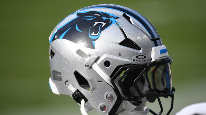 Dec 8, 2024; Philadelphia, Pennsylvania, USA; Carolina Panthers helmet rests on the bench against the Philadelphia Eagles at Lincoln Financial Field. Mandatory Credit: Eric Hartline-Imagn Images