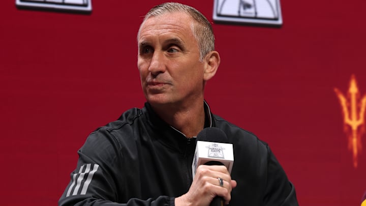 Oct 22, 2025; Kansas City, MO, USA; Arizona State head coach Bobby Hurley speaks to media during Big 12 Menís Basketball media day at T-Mobile Center. Mandatory Credit: Sophia Scheller-Imagn Images Oct 22, 2025; Kansas City, MO, USA; Arizona State head coach Bobby Hurley speaks to media during Big 12 Menís Basketball media day at T-Mobile Center. Mandatory Credit: Sophia Scheller-Imagn Images