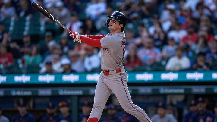 Boston Red Sox left fielder Roman Anthony (19) bats against Detroit Tigers during the first inning at Comerica Park in Detroit on Monday, May 4, 2026.