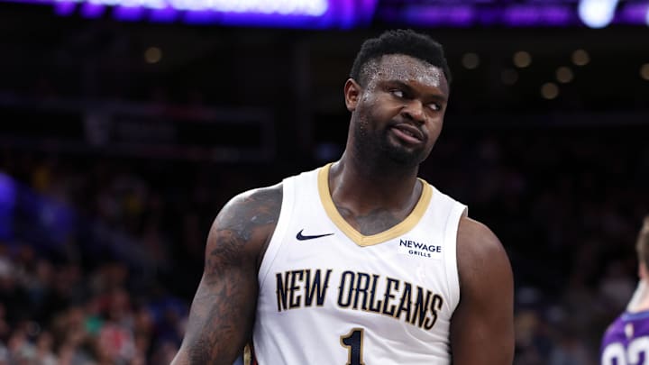 Mar 2, 2025; Salt Lake City, Utah, USA; New Orleans Pelicans forward Zion Williamson (1) reacts to a play against the Utah Jazz during the second half at Delta Center. Mandatory Credit: Rob Gray-Imagn Images