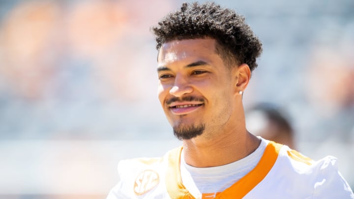 Tennessee wide receiver Bru McCoy (15) during Tennessee's Orange & White spring football game at Neyland Stadium on Saturday, April 13, 2024. Tennessee wide receiver Bru McCoy (15) during Tennessee's Orange & White spring football game at Neyland Stadium on Saturday, April 13, 2024.