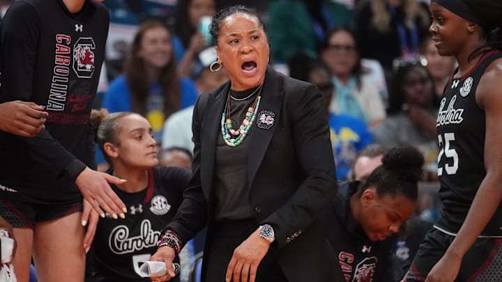 South Carolina Gamecocks head coach Dawn Staley yells out at the referee during their NCAA Women's Final Four semifinal game against the Connecticut Huskies at Mortgage Matchup Center on April 3, 2026. South Carolina Gamecocks head coach Dawn Staley yells out at the referee during their NCAA Women's Final Four semifinal game against the Connecticut Huskies at Mortgage Matchup Center on April 3, 2026.