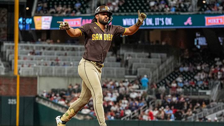 Jul 21, 2026; Cumberland, Georgia, USA; San Diego Padres right fielder Fernando Tatis Jr. (23) reacts after hitting a home run against the Atlanta Braves during the ninth inning at Truist Park. Mandatory Credit: Dale Zanine-Imagn Images Jul 21, 2026; Cumberland, Georgia, USA; San Diego Padres right fielder Fernando Tatis Jr. (23) reacts after hitting a home run against the Atlanta Braves during the ninth inning at Truist Park. Mandatory Credit: Dale Zanine-Imagn Images