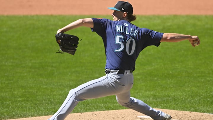 Aug 31, 2025: Seattle Mariners starting pitcher Bryce Miller (50) delivers a pitch in the fifth inning against the Cleveland Guardians at Progressive Field. 