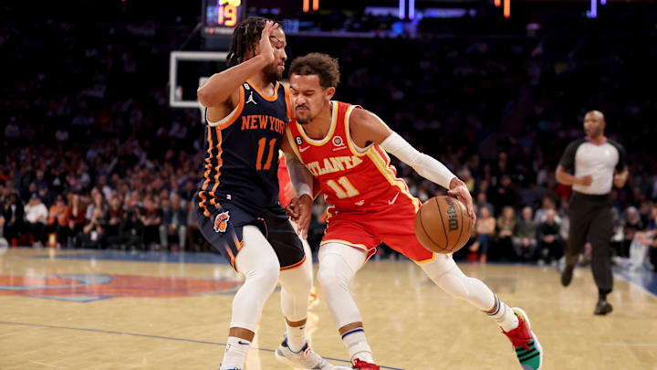 Nov 2, 2022; New York, New York, USA; Atlanta Hawks guard Trae Young (11) drives to the basket against New York Knicks guard Jalen Brunson (11) during the first quarter at Madison Square Garden. Mandatory Credit: Brad Penner-Imagn Images