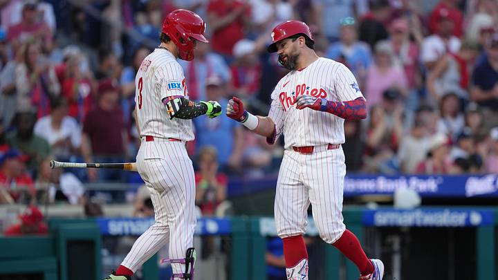 Jun 16, 2026; Philadelphia, Pennsylvania, USA; Philadelphia Phillies designated hitter Kyle Schwarber (12) reacts with infielder Bryce Harper (3) after hitting a home run against the Miami Marlins in the fourth inning at Citizens Bank Park. Mandatory Credit: Kyle Ross-Imagn Images