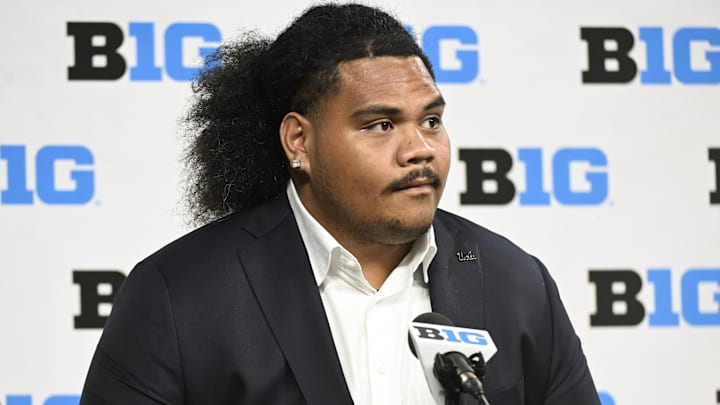 UCLA Bruins defensive lineman Jay Toia speaks to the media during the Big 10 football media day at Lucas Oil Stadium. 