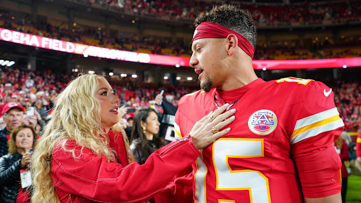 Oct 27, 2025: Kansas City Chiefs quarterback Patrick Mahomes (15) greets wife, Brittany Mahomes, at Arrowhead Stadium.