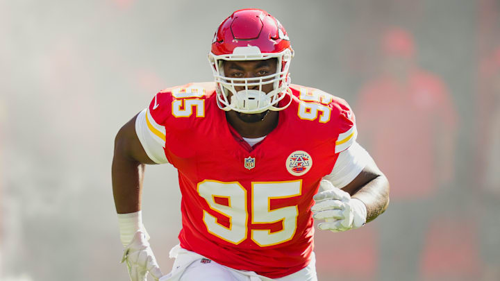 Sep 28, 2025; Kansas City, Missouri, USA; Kansas City Chiefs defensive end Chris Jones (95) takes the field prior to a game against the Baltimore Ravens at GEHA Field at Arrowhead Stadium. Mandatory Credit: Jay Biggerstaff-Imagn Images