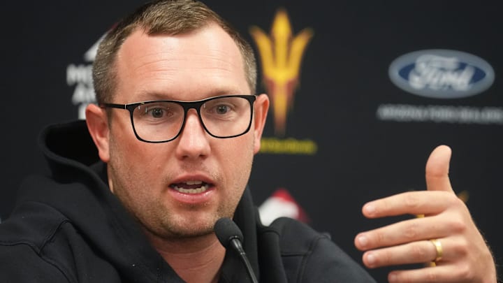 Arizona State head football coach Kenny Dillingham speaks to the media during a news conference at Mountain America Stadium in Tempe on Oct. 20, 2025.