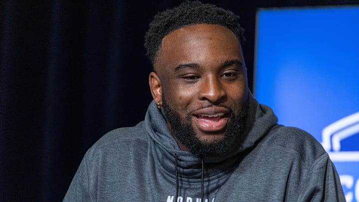 Mar 1, 2023; Indianapolis, IN, USA; Kansas State defensive lineman Felix Anudike Uzomah speaks before the NFL Combine.
