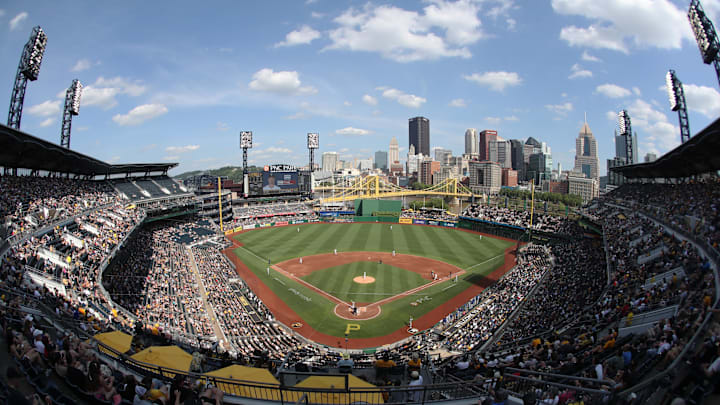 Jun 21, 2025; Pittsburgh, Pennsylvania, USA;  General view as the Texas Rangers bat against the Pittsburgh Pirates during the third inning at PNC Park. Mandatory Credit: Charles LeClaire-Imagn Images