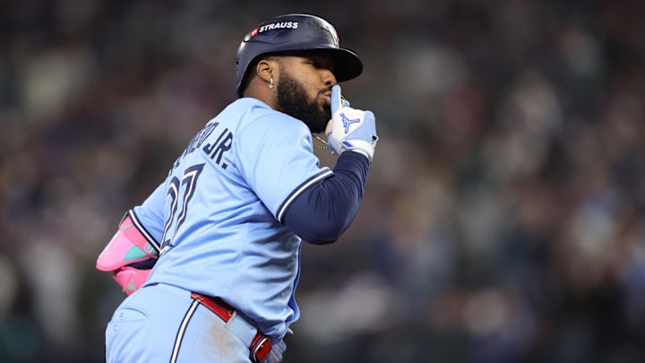 Toronto Blue Jays first baseman Vladimir Guerrero Jr. (27) celebrates after hitting a home run in the seventh inning against the Seattle Mariners during game four of the ALCS round for the 2025 MLB playoffs at T-Mobile Park. 