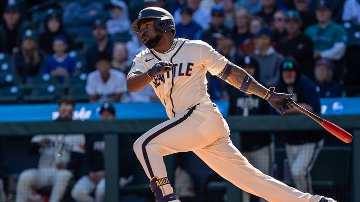 Sep 27, 2026; Seattle, Washington, USA; left fielder Randy Arozarena (56) takes a swing during an at-bat against the Los Angeles Angels at T-Mobile Park. Mandatory Credit: Stephen Brashear-Imagn Images Sep 27, 2026; Seattle, Washington, USA; left fielder Randy Arozarena (56) takes a swing during an at-bat against the Los Angeles Angels at T-Mobile Park. Mandatory Credit: Stephen Brashear-Imagn Images