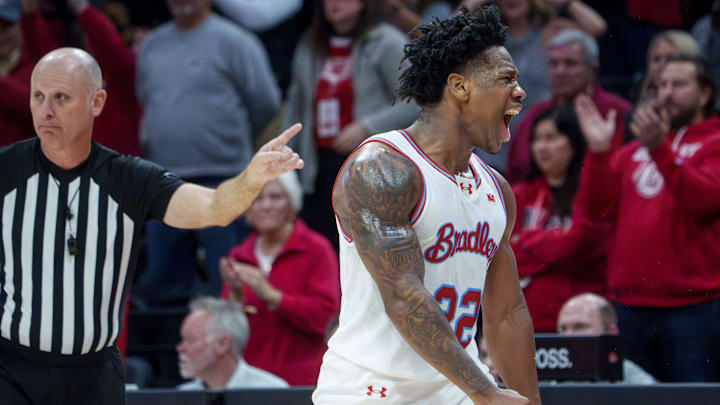 Bradley's Jaquan Johnson celebrates after a turnover.