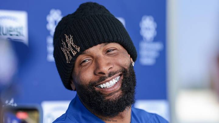 Jun 3, 2026; East Rutherford, NJ, USA; New York Giants wide receiver Odell Beckham Jr. (3) talks with media after organized team activities at Quest Diagnostics Training Center. Mandatory Credit: Vincent Carchietta-Imagn Images