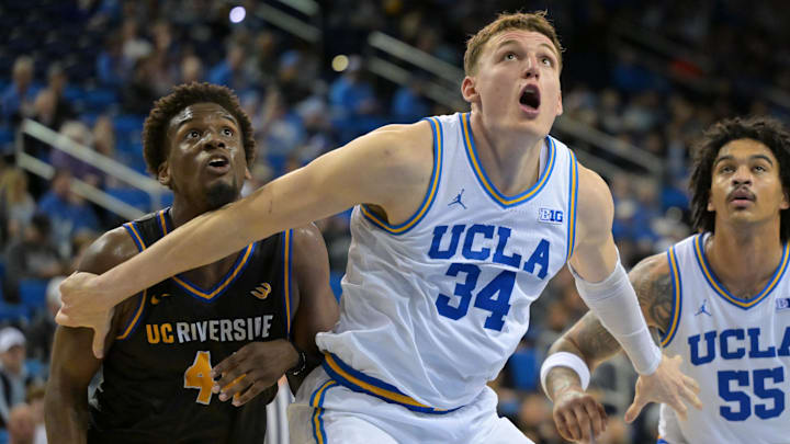 UCLA Bruins forward Tyler Bilodeau (34) boxes out UC Riverside Highlanders forward Jailen Daniel-Dalton (44) 