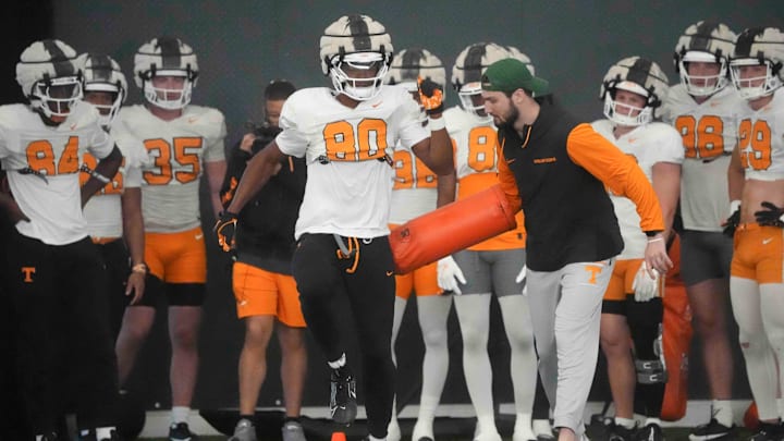 Tennessee wide receiver Travis Smith Jr. (80) during Tennessee football practice, at University of Tennessee, Tuesday, March 25, 2025.