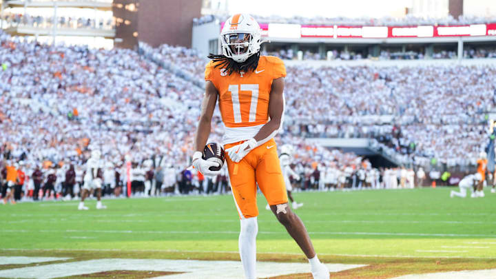 Tennessee wide receiver Chris Brazzell II (17) celebrates after scoring a touchdown that was later called back for offensive pass interference during a college football game between Tennessee and Mississippi State at Davis Wade Stadium in Starkville, Miss., on Sept. 27, 2025.