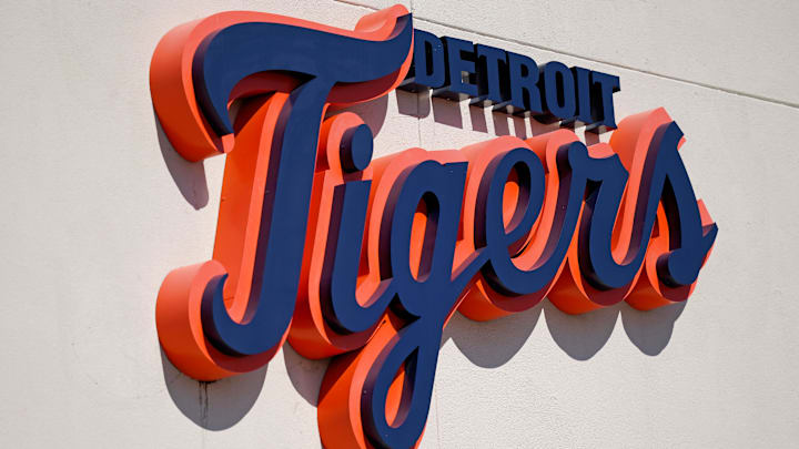 Mar 7, 2021; Lakeland, Florida, USA; A general view of the Detroit Tigers script logo on the building at Publix Field at Joker Marchant Stadium during the spring training game between the Detroit Tigers and the Toronto Blue Jays. 