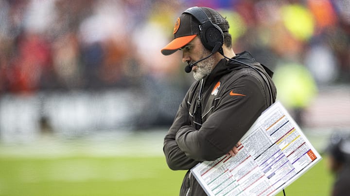 Dec 17, 2023; Cleveland, Ohio, USA; Cleveland Browns head coach Kevin Stefanski talks into his