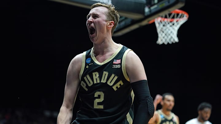Purdue Boilermakers guard Fletcher Loyer (2) reacts to a play