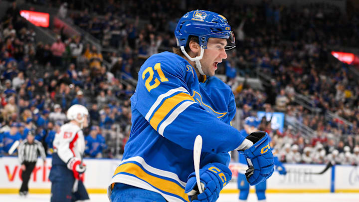 Mar 24, 2026; St. Louis, Missouri, USA; St. Louis Blues right wing Jimmy Snuggerud (21) reacts after scoring against the Washington Capitals during the second period at Enterprise Center. Mandatory Credit: Jeff Curry-Imagn Images