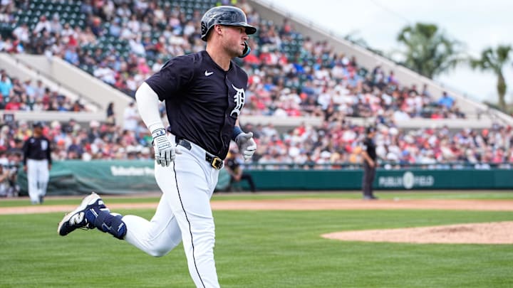 Detroit Tigers infielder Spencer Torkelson runs towards first base after batting the single against Philadelphia Phillies during a Grapefruit League game at Joker Marchant Stadium in Lakeland, Fla. on Saturday, Feb. 22, 2025. Detroit Tigers infielder Spencer Torkelson runs towards first base after batting the single against Philadelphia Phillies during a Grapefruit League game at Joker Marchant Stadium in Lakeland, Fla. on Saturday, Feb. 22, 2025.