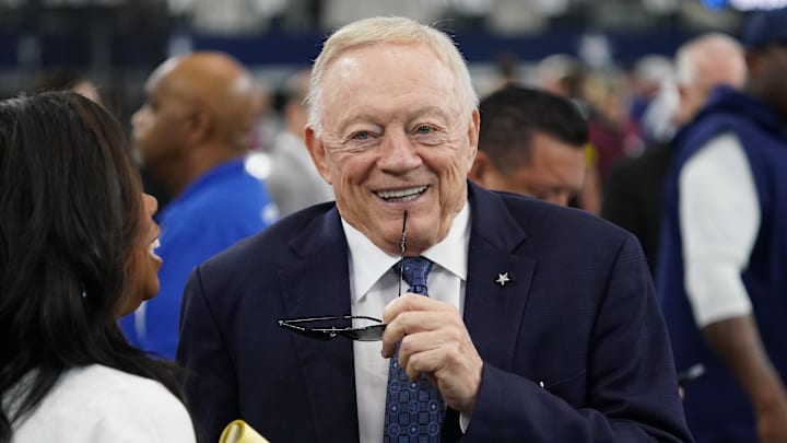 Dallas Cowboys owner Jerry Jones on the sidelines before the game against the New York Giants at AT&T Stadium.