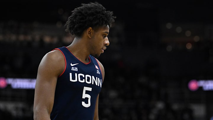 Mar 1, 2025; Providence, Rhode Island, USA; Connecticut Huskies center Tarris Reed Jr. (5) looks back during the second half against the Providence Friars at Amica Mutual Pavilion. Mandatory Credit: Eric Canha-Imagn Images Mar 1, 2025; Providence, Rhode Island, USA; Connecticut Huskies center Tarris Reed Jr. (5) looks back during the second half against the Providence Friars at Amica Mutual Pavilion. Mandatory Credit: Eric Canha-Imagn Images