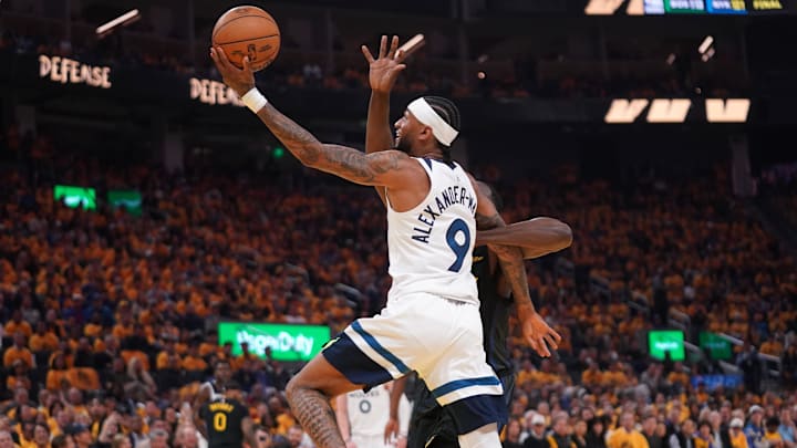 May 12, 2025; San Francisco, California, USA; Minnesota Timberwolves guard Nickeil Alexander-Walker (9) makes a layup against the Golden State Warriors in the first quarter during game four of the second round for the 2025 NBA Playoffs at Chase Center. May 12, 2025; San Francisco, California, USA; Minnesota Timberwolves guard Nickeil Alexander-Walker (9) makes a layup against the Golden State Warriors in the first quarter during game four of the second round for the 2025 NBA Playoffs at Chase Center.