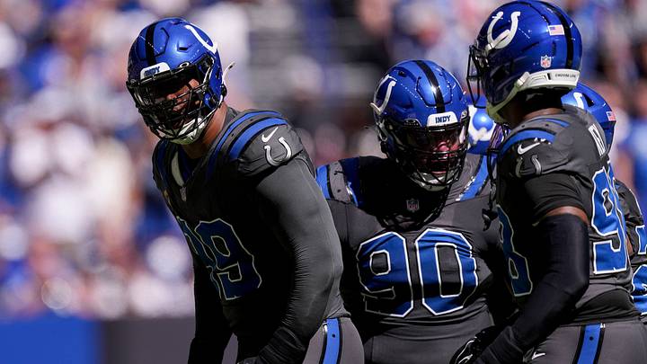 Indianapolis Colts defensive tackle DeForest Buckner (99) reacts after a stop on downs Sunday, Sept. 27, 2026, during a game against the Houston Texans at Lucas Oil Stadium in Indianapolis. Indianapolis Colts defensive tackle DeForest Buckner (99) reacts after a stop on downs Sunday, Sept. 27, 2026, during a game against the Houston Texans at Lucas Oil Stadium in Indianapolis.