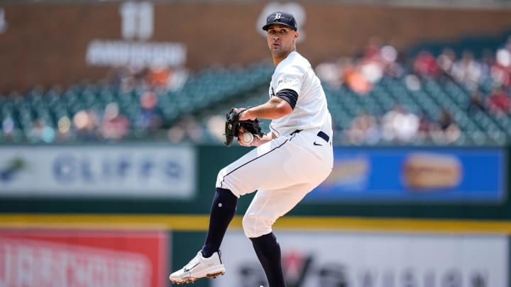 Detroit Tigers pitcher Jack Flaherty (9) delivers a pitch against Cleveland Guardians during the first inning at Comerica Park in Detroit on Thursday, July 11, 2024. Detroit Tigers pitcher Jack Flaherty (9) delivers a pitch against Cleveland Guardians during the first inning at Comerica Park in Detroit on Thursday, July 11, 2024.