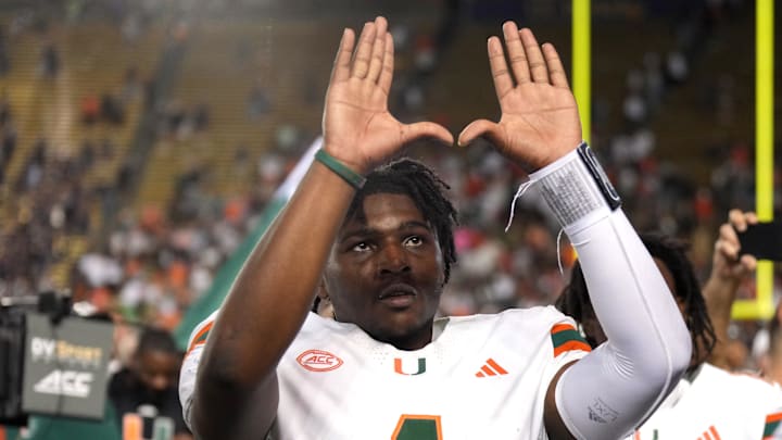 Oct 5, 2024; Berkeley, California, USA; Miami Hurricanes quarterback Cam Ward (1) gestures after defeating the California Golden Bears at California Memorial Stadium. Mandatory Credit: Darren Yamashita-Imagn Images Oct 5, 2024; Berkeley, California, USA; Miami Hurricanes quarterback Cam Ward (1) gestures after defeating the California Golden Bears at California Memorial Stadium. Mandatory Credit: Darren Yamashita-Imagn Images