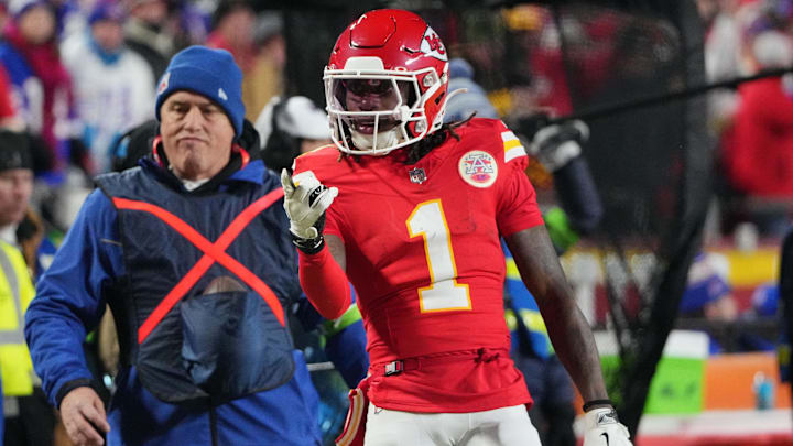 Jan 26, 2025; Kansas City, MO, USA; Kansas City Chiefs wide receiver Xavier Worthy (1) reacts against the Buffalo Bills during the first half in the AFC Championship game at GEHA Field at Arrowhead Stadium. Mandatory Credit: Denny Medley-Imagn Images Jan 26, 2025; Kansas City, MO, USA; Kansas City Chiefs wide receiver Xavier Worthy (1) reacts against the Buffalo Bills during the first half in the AFC Championship game at GEHA Field at Arrowhead Stadium. Mandatory Credit: Denny Medley-Imagn Images