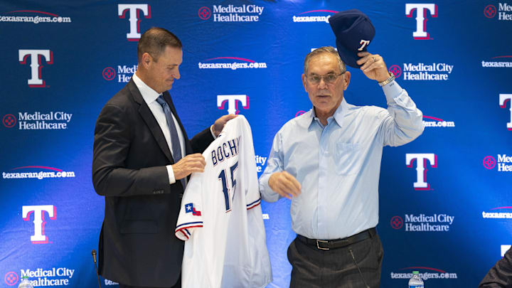 Oct 24, 2022; Arlington, TX, USA; Texas Rangers general manager Chris Young presents new team