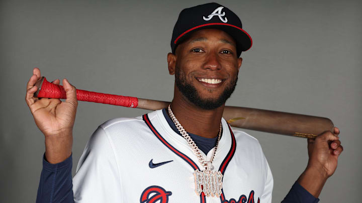 Atlanta Braves outfielder Jurickson Profar (7) takes photos during media day CoolToday Park.