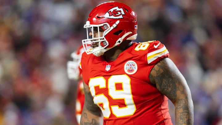 Jan 26, 2025; Kansas City, MO, USA; Kansas City Chiefs defensive tackle Mike Pennel Jr. (69) against the Buffalo Bills in the AFC Championship game at GEHA Field at Arrowhead Stadium. Mandatory Credit: Mark J. Rebilas-Imagn Images