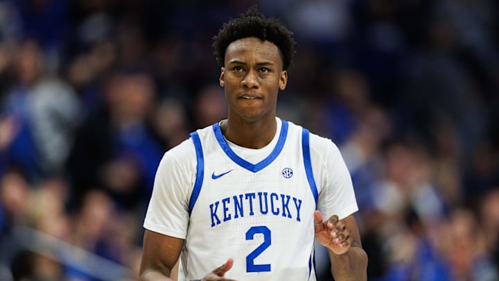 Feb 8, 2025; Lexington, Kentucky, USA; Kentucky Wildcats guard Jaxson Robinson (2) claps during the first half against the South Carolina Gamecocks at Rupp Arena at Central Bank Center. Mandatory Credit: Jordan Prather-Imagn Images
