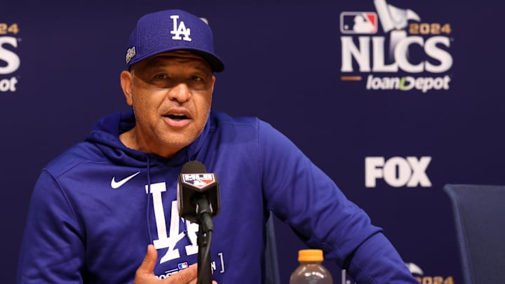 Los Angeles Dodgers manager Dave Roberts speaks with the media before NLCS Game 1 against the New York Mets.