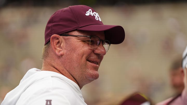 Aug 30, 2025; College Station, Texas, USA; Texas A&M Aggies head coach Mike Elko pregame against the UTSA Roadrunners at Kyle Field. Mandatory Credit: Sean Thomas-Imagn Images