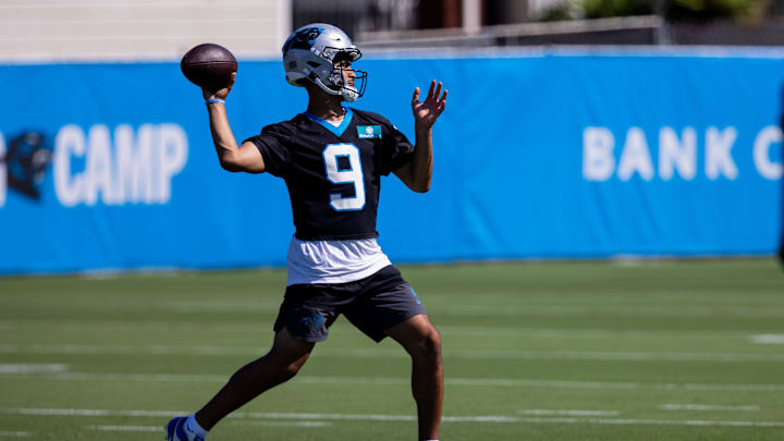 Jul 23, 2025; Charlotte, NC, USA; Carolina Panthers quarterback Bryce Young (9) throw the ball during Panthers Training Camp. Mandatory Credit: Scott Kinser-Imagn Images Jul 23, 2025; Charlotte, NC, USA; Carolina Panthers quarterback Bryce Young (9) throw the ball during Panthers Training Camp. Mandatory Credit: Scott Kinser-Imagn Images