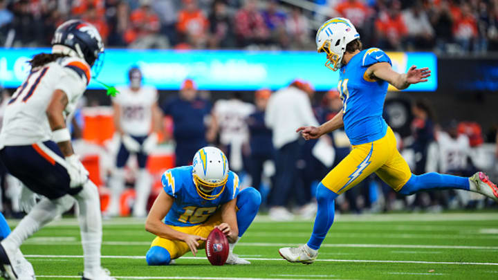 Los Angeles Chargers kicker Cameron Dicker attempts a free kick field goal.