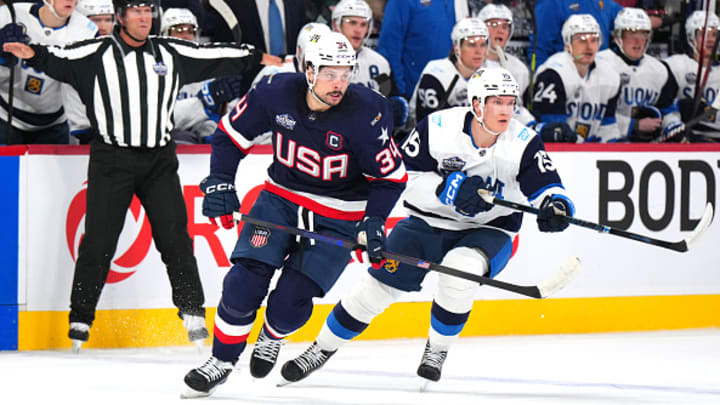 Team USA captain Auston Matthews skates during the 4-Nations Face-Off against Finland. 
